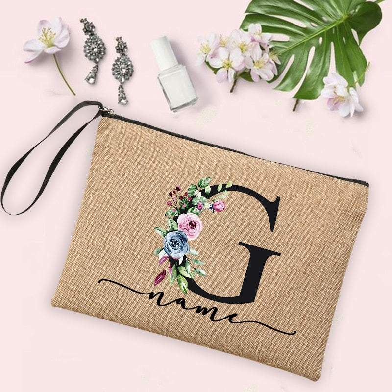 Flower Initial Letter Custom Name Cosmetic Bag Women