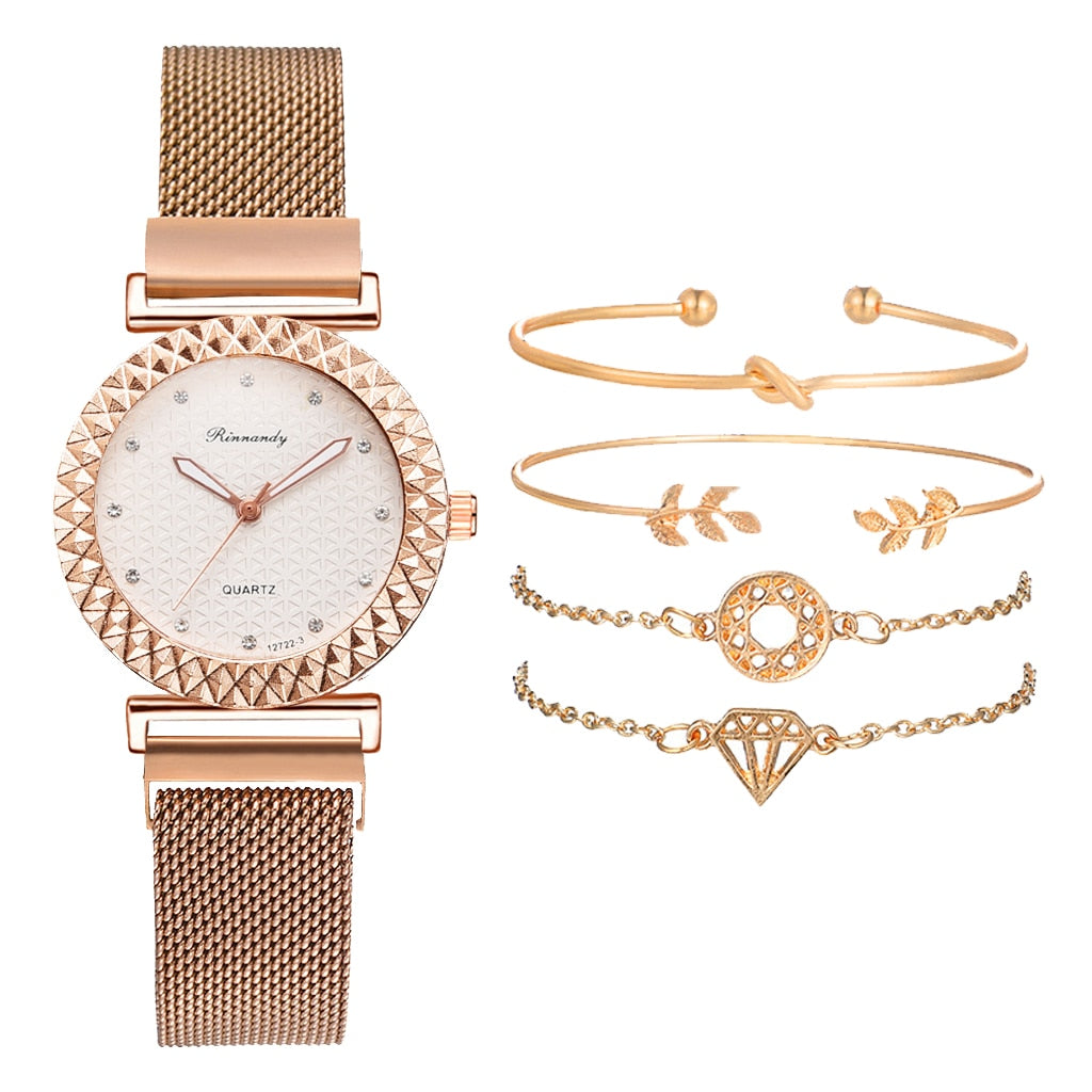 5PCS Women Watch Set Luxury Rose Gold