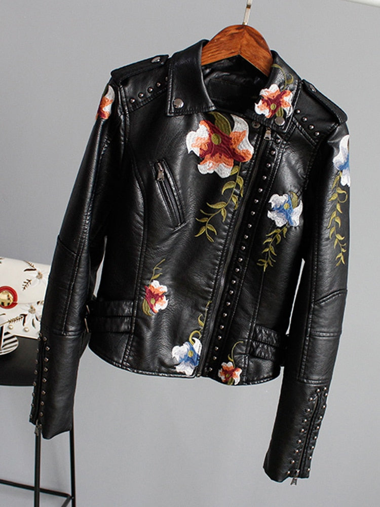 Lin Floral Print Embroidery Faux Soft Leather Jacket