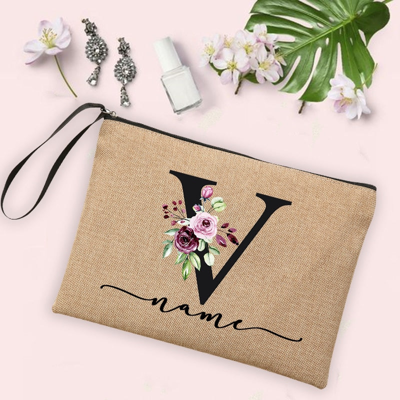 Flower Initial Letter Custom Name Cosmetic Bag Women