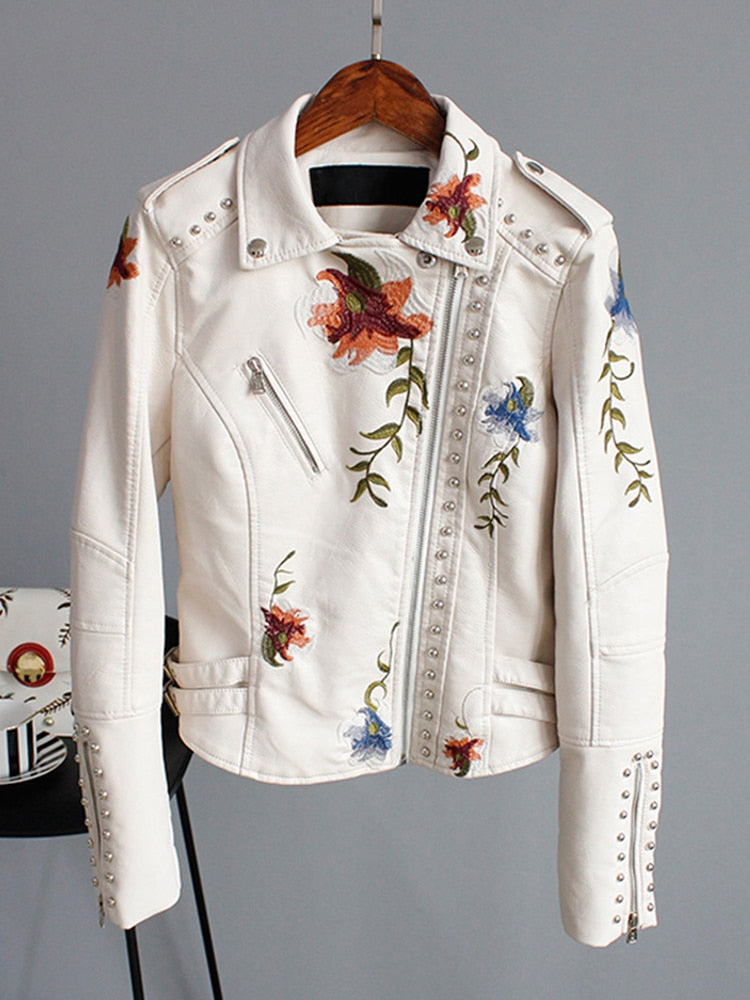 Lin Floral Print Embroidery Faux Soft Leather Jacket