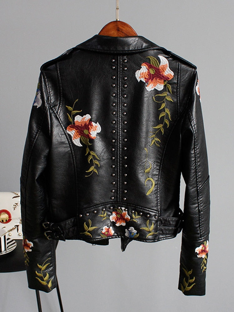 Lin Floral Print Embroidery Faux Soft Leather Jacket