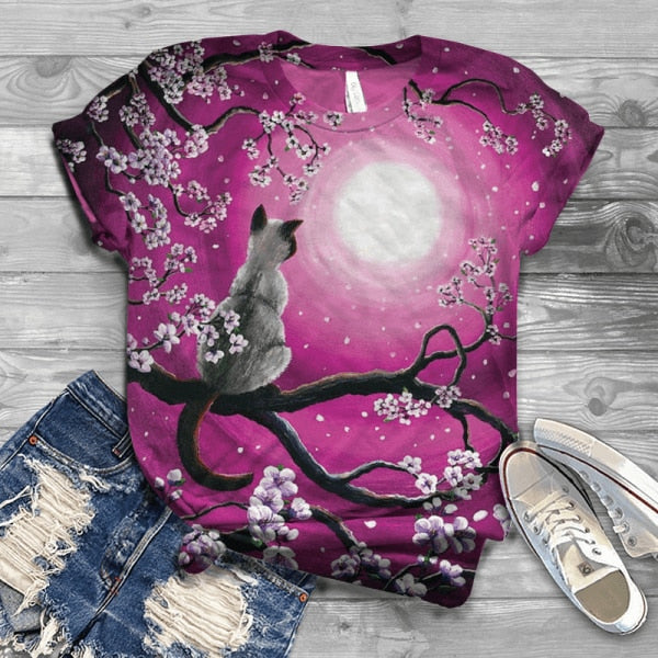 T-Shirt Women Summer Sleeve Digital 3D Cat Print