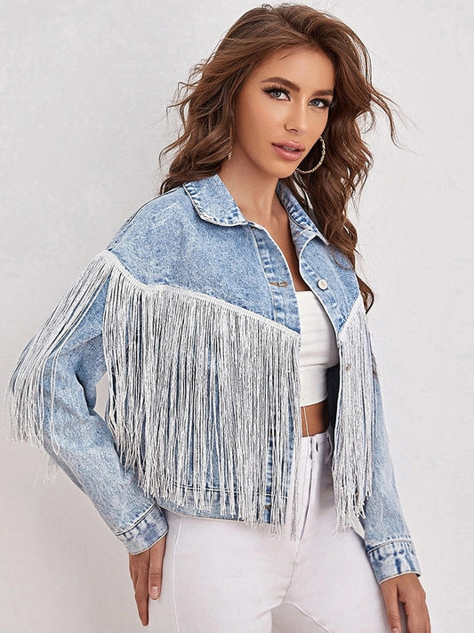 New Spring Women Loose Tassel  Blue Denim Jacket