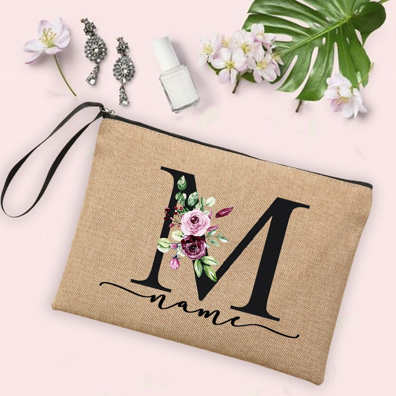 Flower Initial Letter Custom Name Cosmetic Bag Women