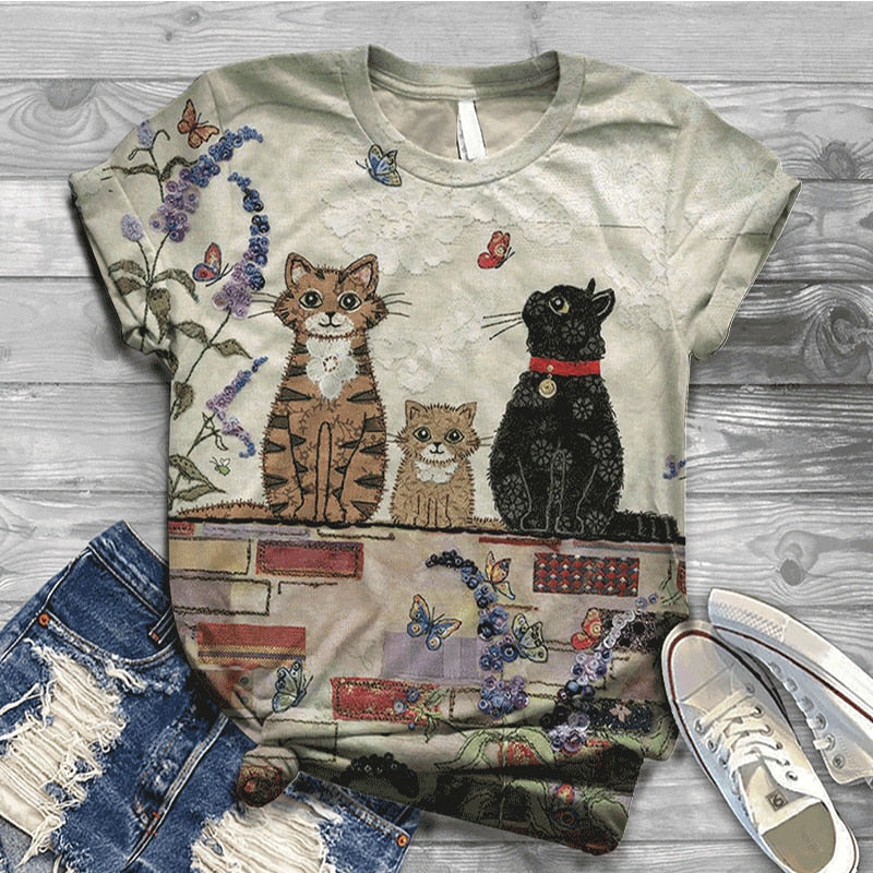 T-Shirt Women Summer Sleeve Digital 3D Cat Print