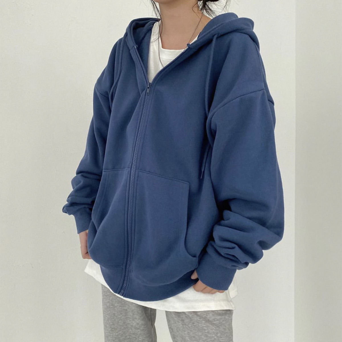 Women Hoodies Solid Color Zip Up Pocket Oversized