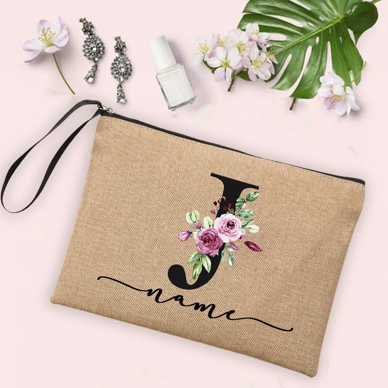 Flower Initial Letter Custom Name Cosmetic Bag Women