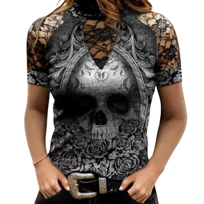 Fashion Women Print T-shirt Gothic Hollow Short Sleeve