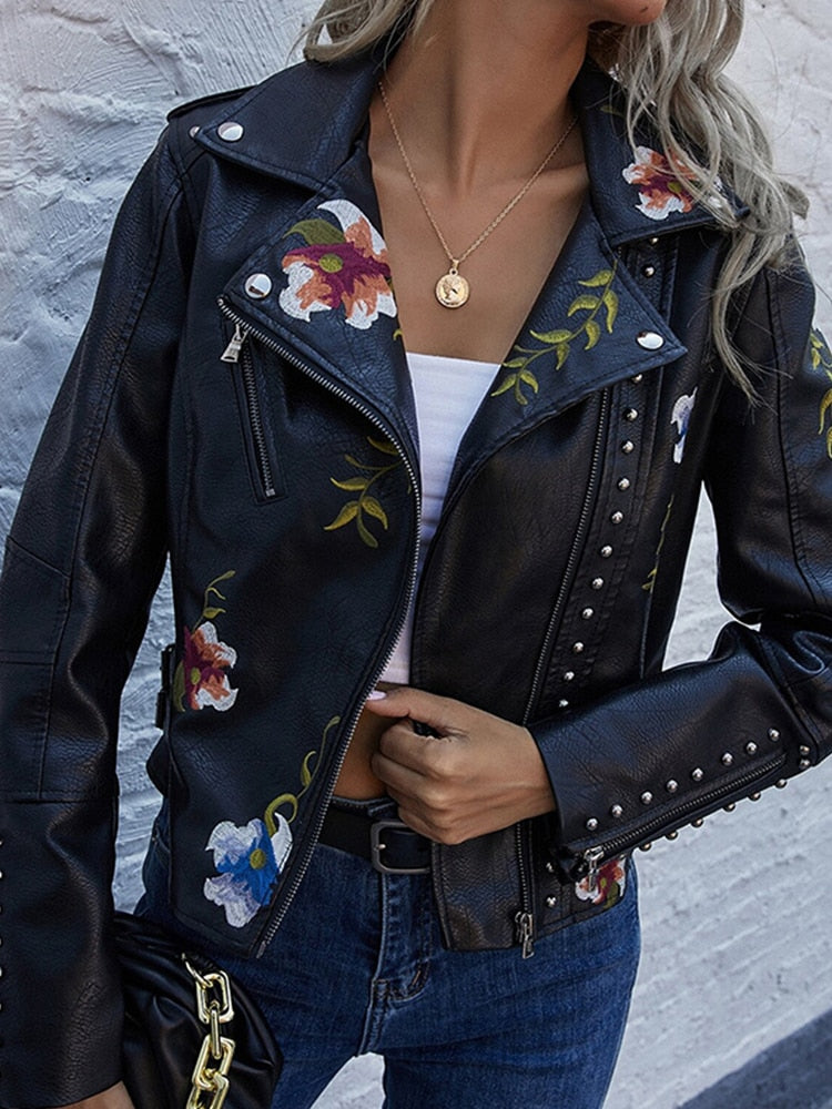 Lin Floral Print Embroidery Faux Soft Leather Jacket