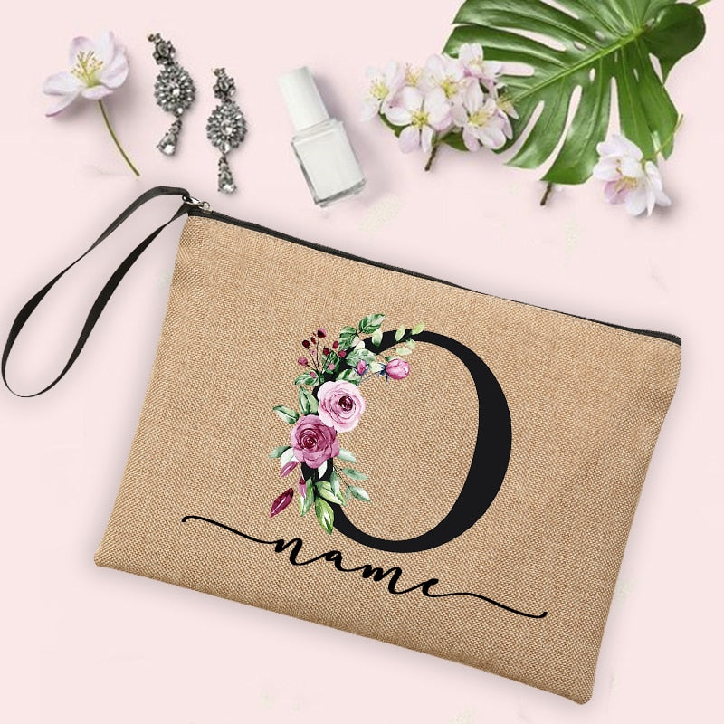 Flower Initial Letter Custom Name Cosmetic Bag Women