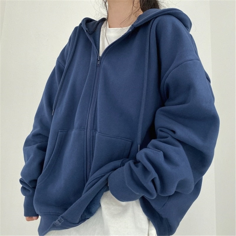 Women Hoodies Solid Color Zip Up Pocket Oversized