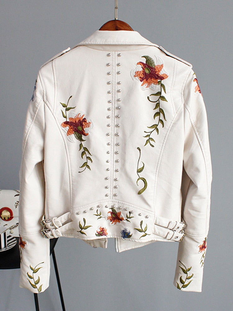 Lin Floral Print Embroidery Faux Soft Leather Jacket