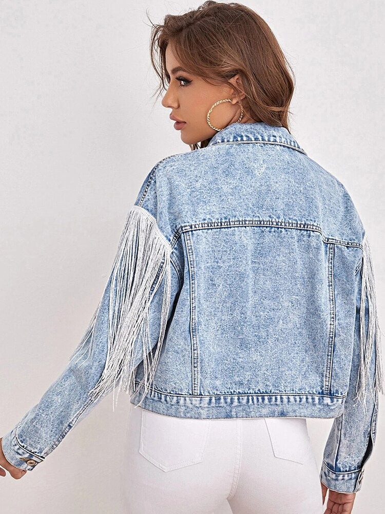 New Spring Women Loose Tassel  Blue Denim Jacket