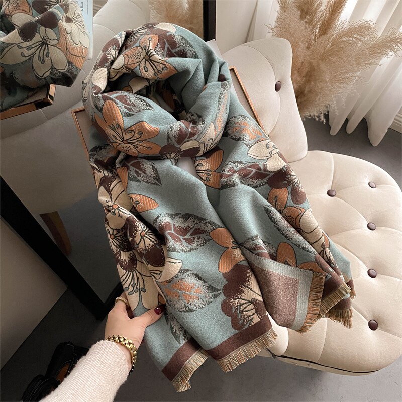 Thick Winter Poncho Women Scarf Luxury Floral Warm